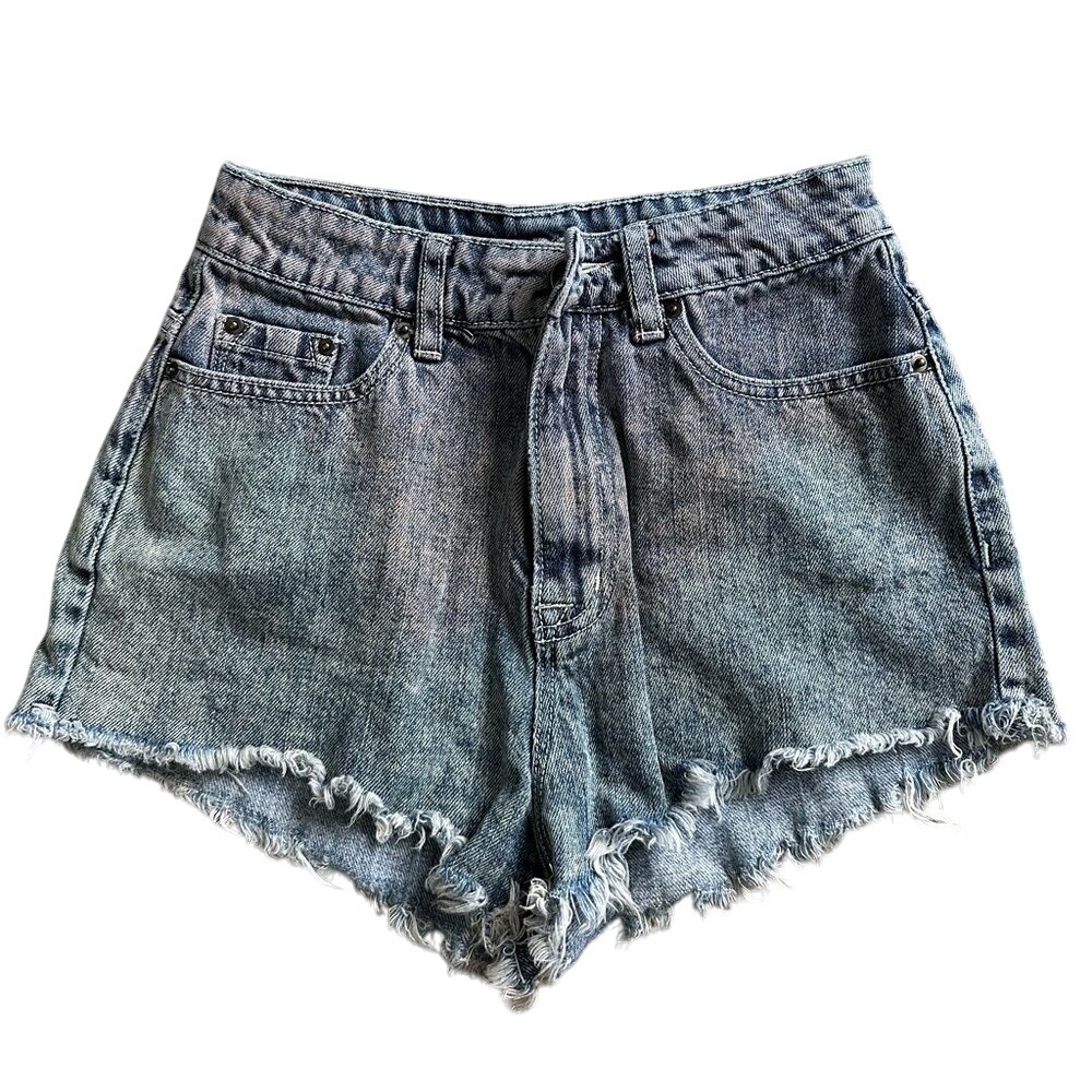 BDG Denim Shorts Women's High Waisted Frayed‎ Hem Acid Wash Blue Distressed